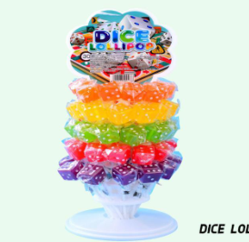 Dice-shaped halal lollipops in rainbow colors arranged on a retail display stand, fruit flavored hard candy